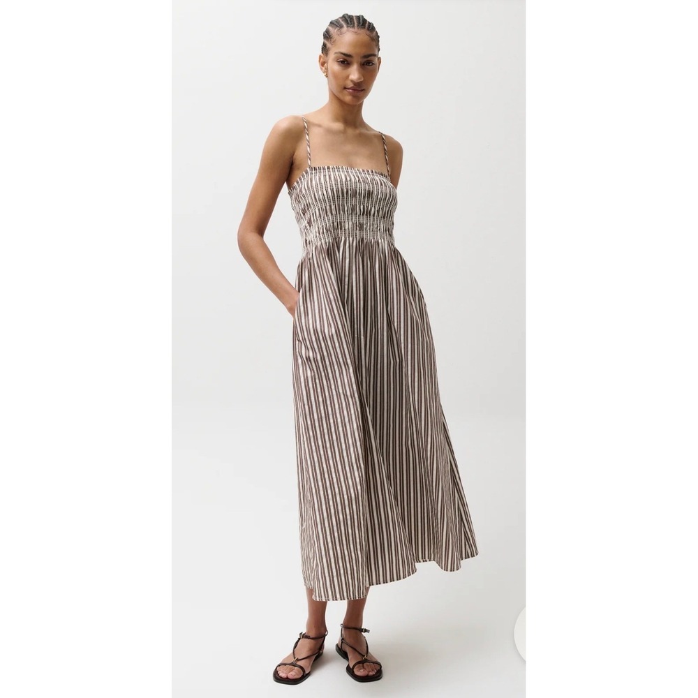 Pistola Bianca Tiramisu Stripe Smocked Midi Dress Brown Cream Small
